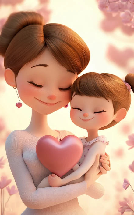 3D-Cartoon-Illustration einer Mutter, die ein süßes kleines Mädchen im Arm hält, das ein rosa Herz festhält.