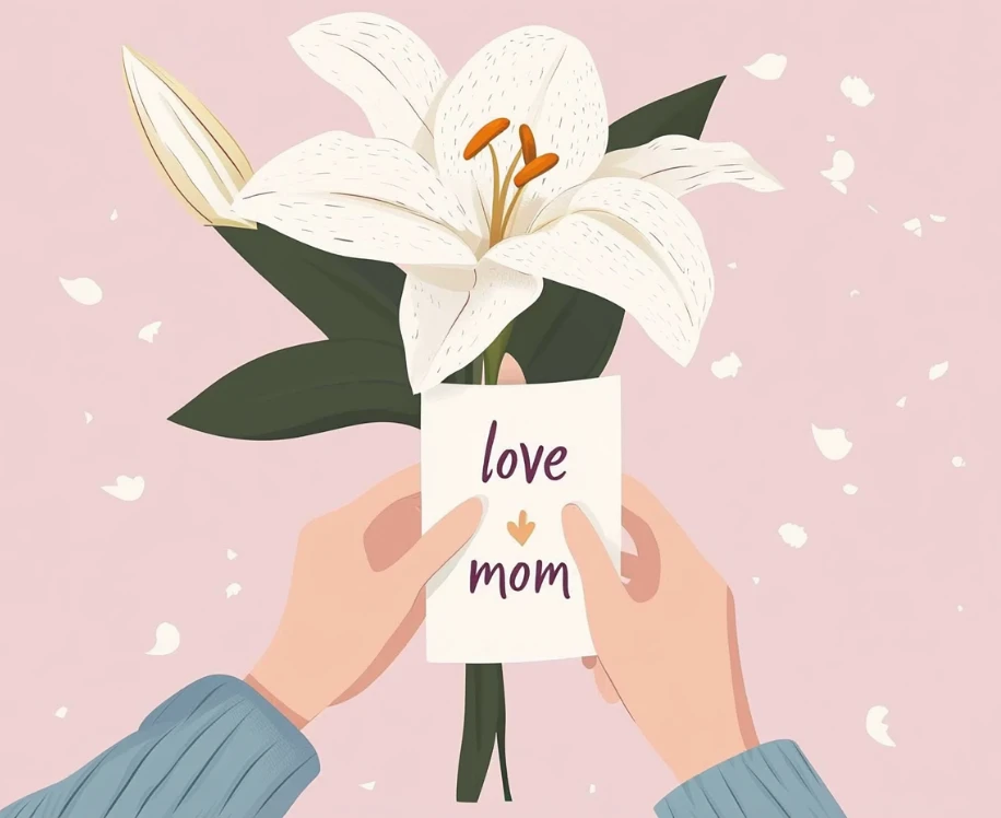Minimalistische Illustration von Händen, die einen Blumenstrauß mit einer weißen Lilie und einer Karte mit der Aufschrift „love mom“ halten.