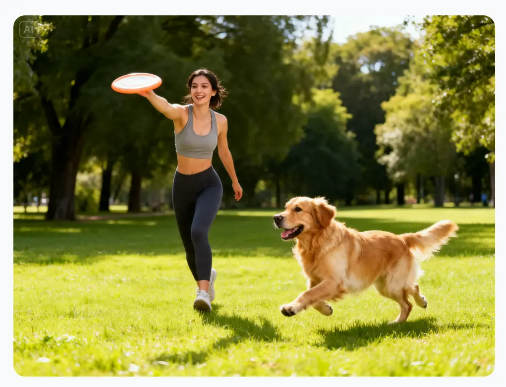 dreamina ai generated a realistic image of a woman throwing a frisbee to a golden retriever in a grassy park.