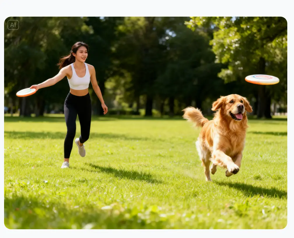 Second Dreamina AI text-to-image result featuring a woman and a golden retriever playing frisbee