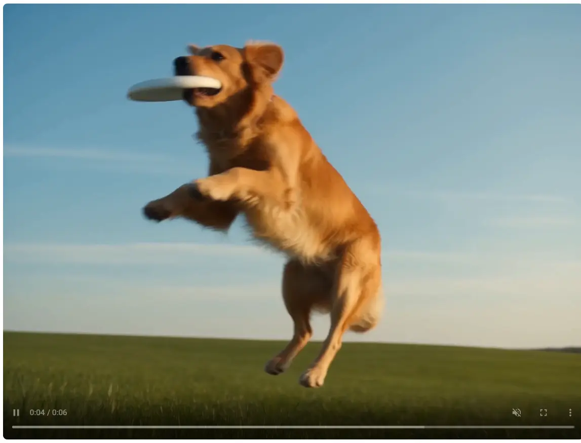 Dreamina AI generated video of a golden retriever catching a frisbee with smooth and realistic running motion.