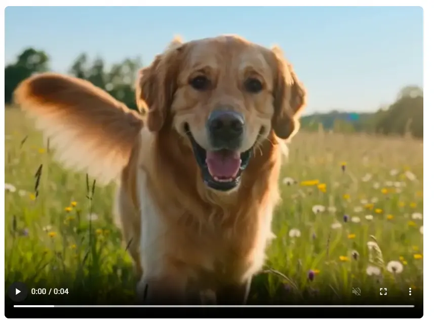 Dreamina AI Image-to-Video result showing a golden retriever running while maintaining consistent fur color and facial features.