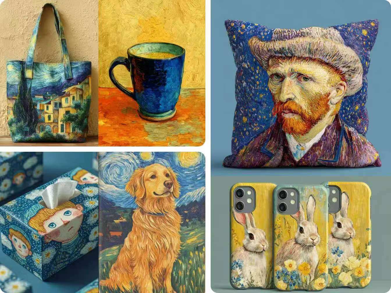 6 imágenes de productos con arte de van gogh, incluyendo bolsa y taza, generadas por el creador de ia van gogh de piclumen