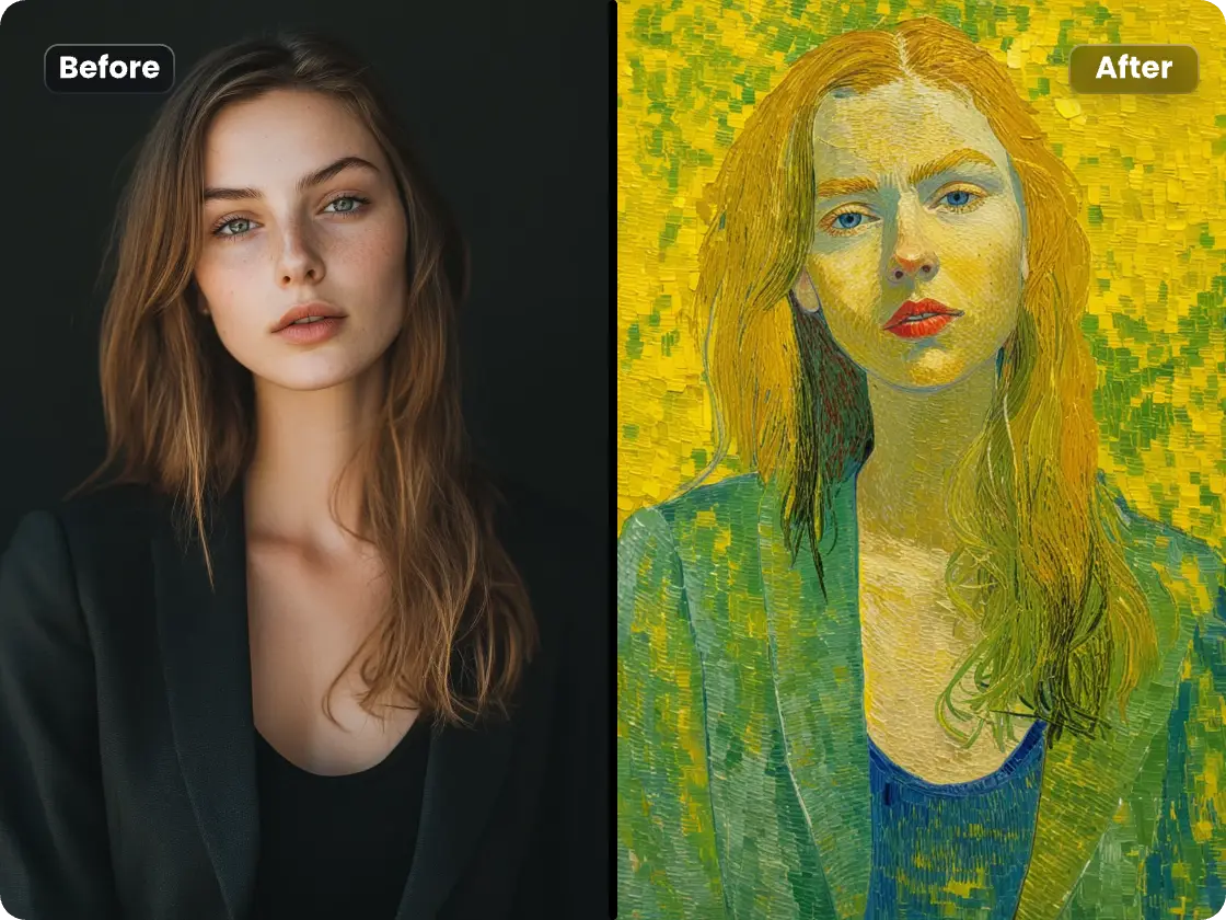 antes y después de convertir la foto de una mujer al estilo de arte de van gogh con el generador de ia van gogh de piclumen