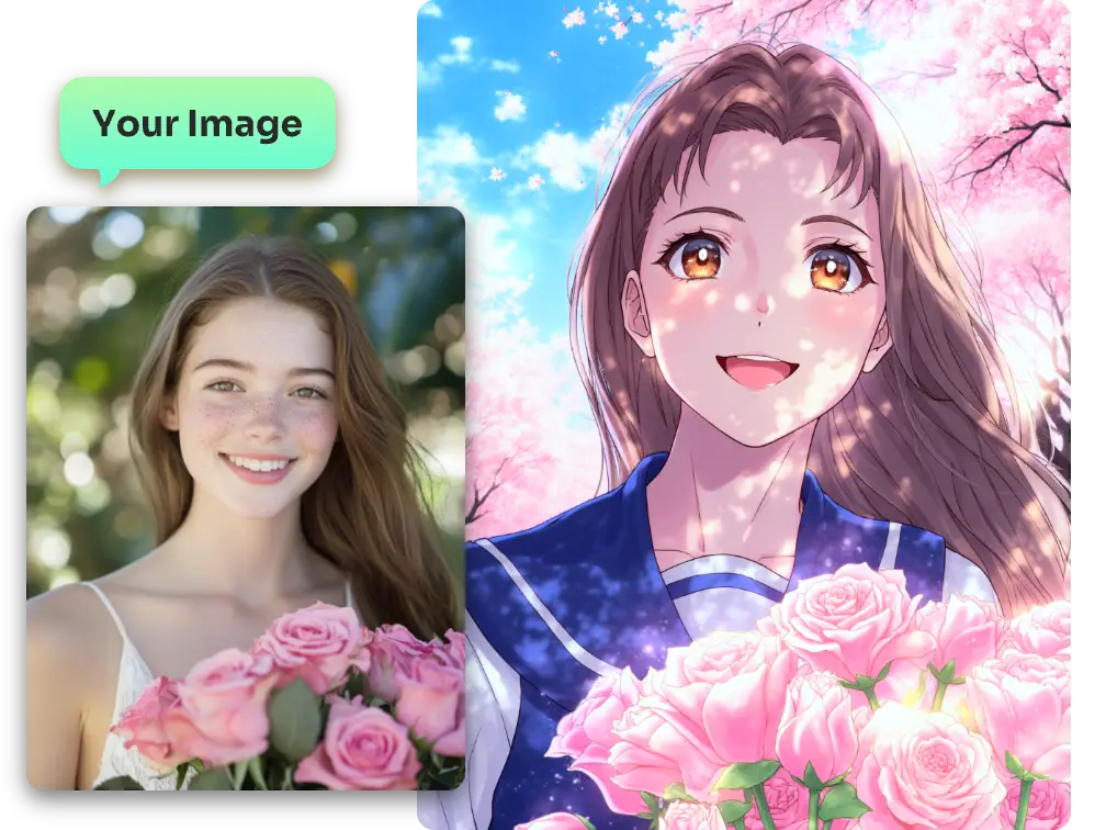 Convierte el retrato realista de una mujer sonriente en estilo anime