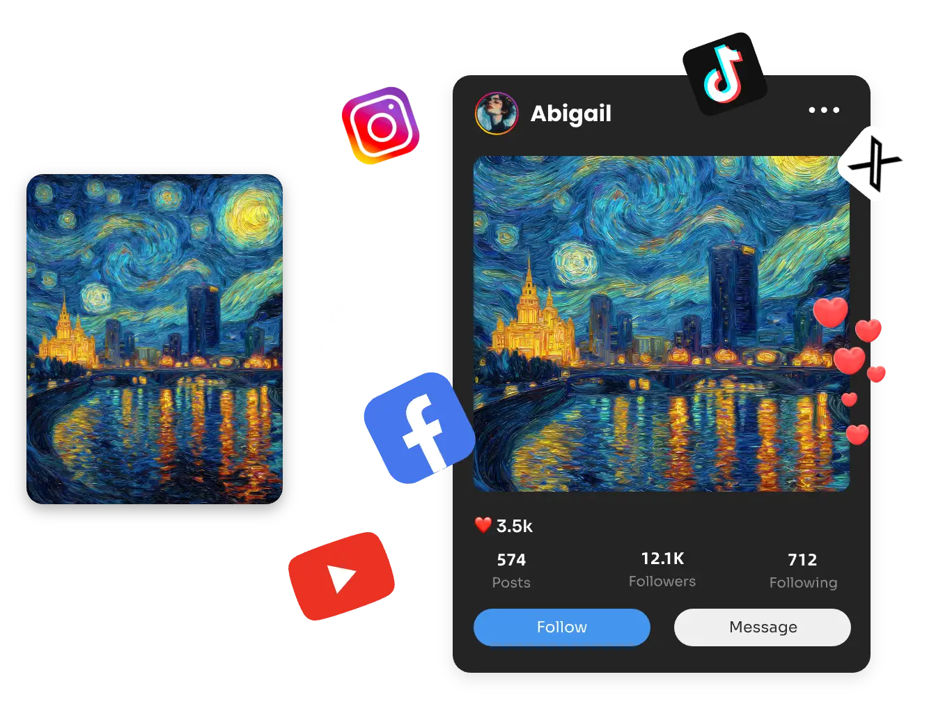 el proceso de compartir en redes sociales una imagen de cielo nocturno al estilo van gogh creada por el generador de ia van gogh