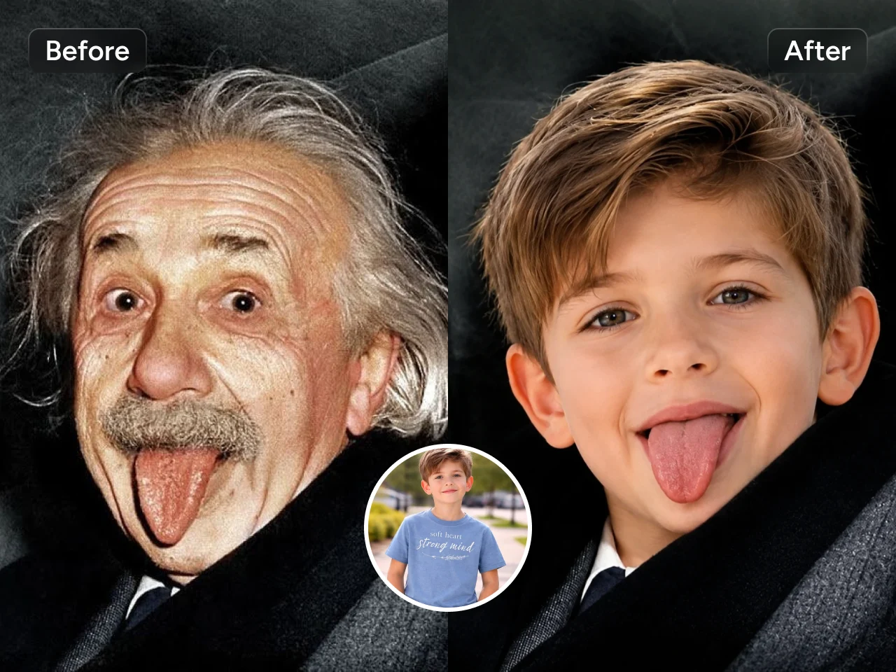 photo face swap before and after example created with AI