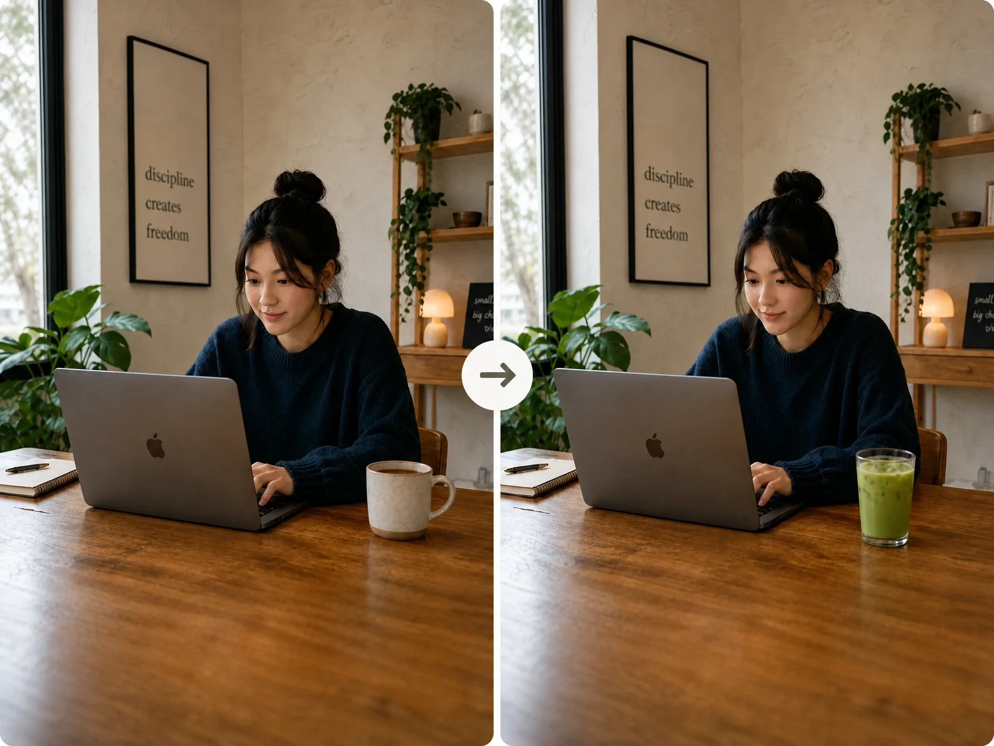 Replace the ceramic coffee cup on the right side of the table with a clear glass of iced matcha