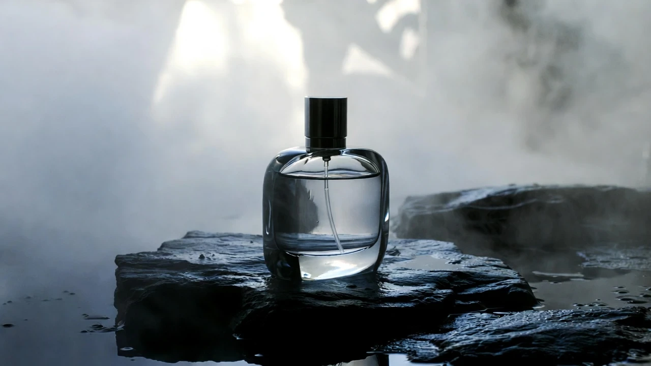 A close-up product photograph of a transparent perfume bottle on wet black stone