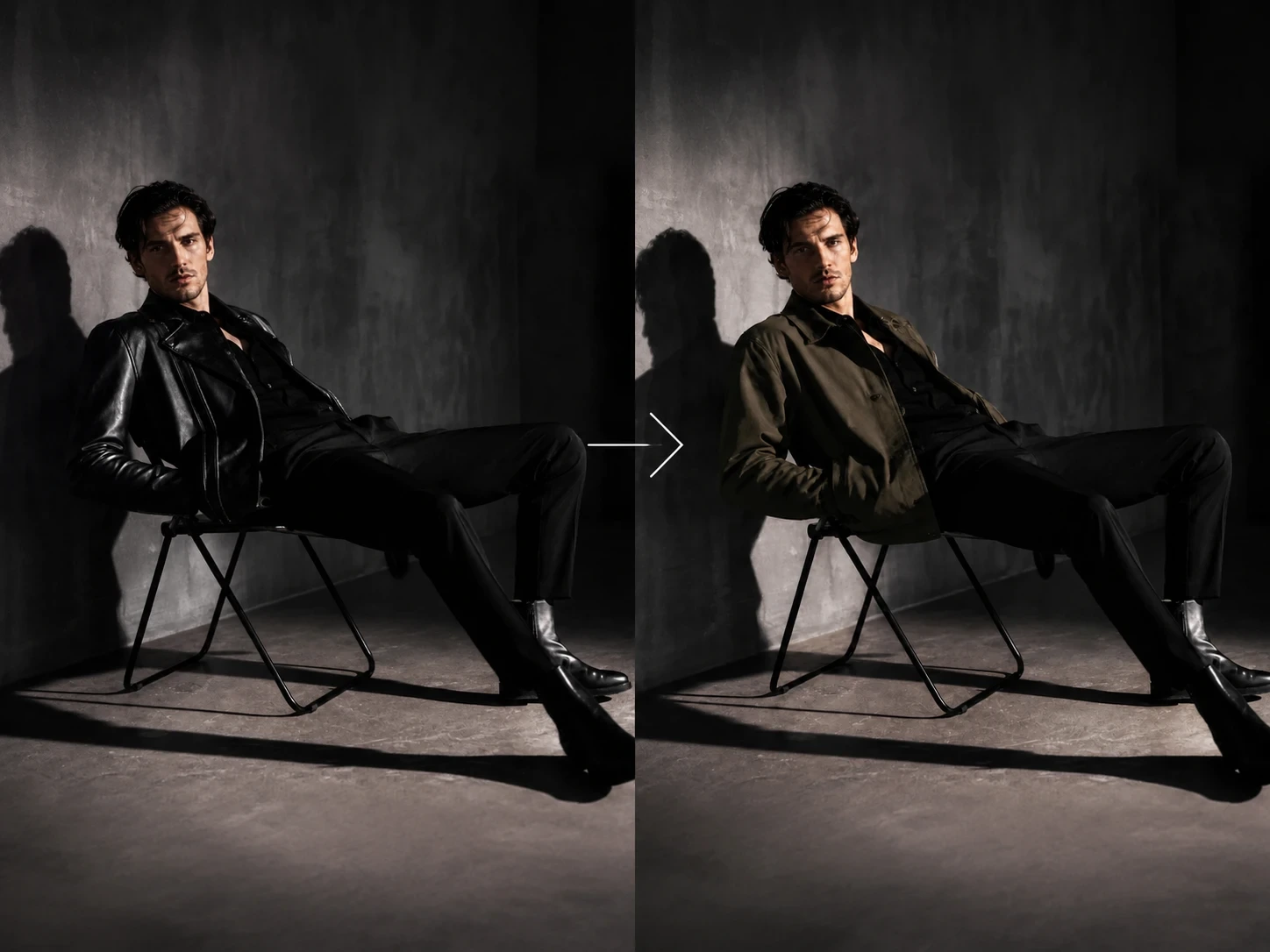 change the black leather jacket into an oversized dark olive cotton jacket with a matte texture