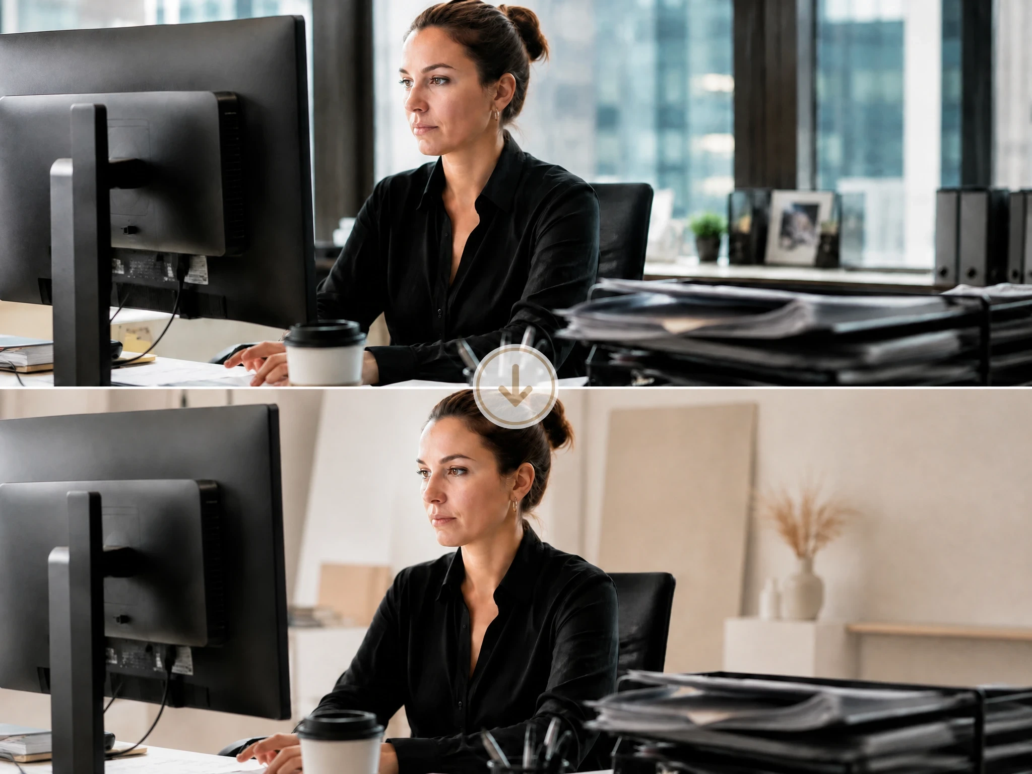 replace the office background with a minimalist photography studio in soft beige tones
