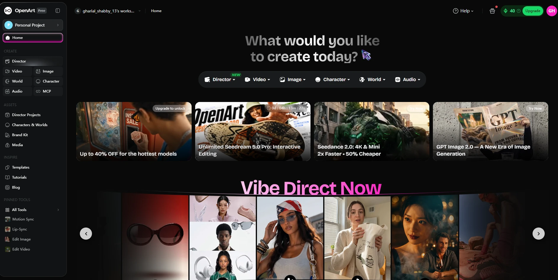 openart homepage interface for ai image and video creation