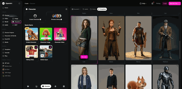 openart character library with consistent ai characters