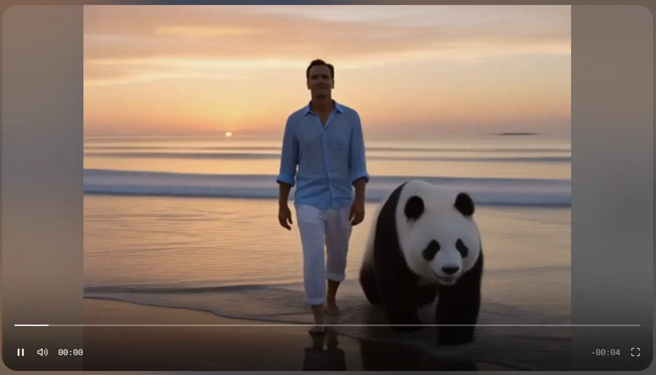 Pika AI PikAdditions inserts a panda into a beach walking video, creating a natural walking animation alongside the original subject