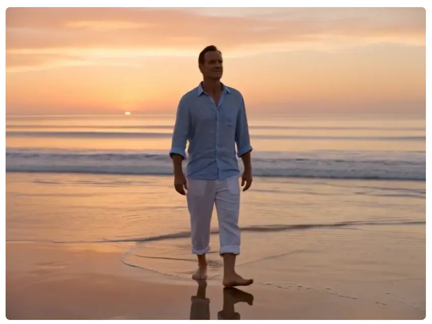 a man walking on a beach at sunset