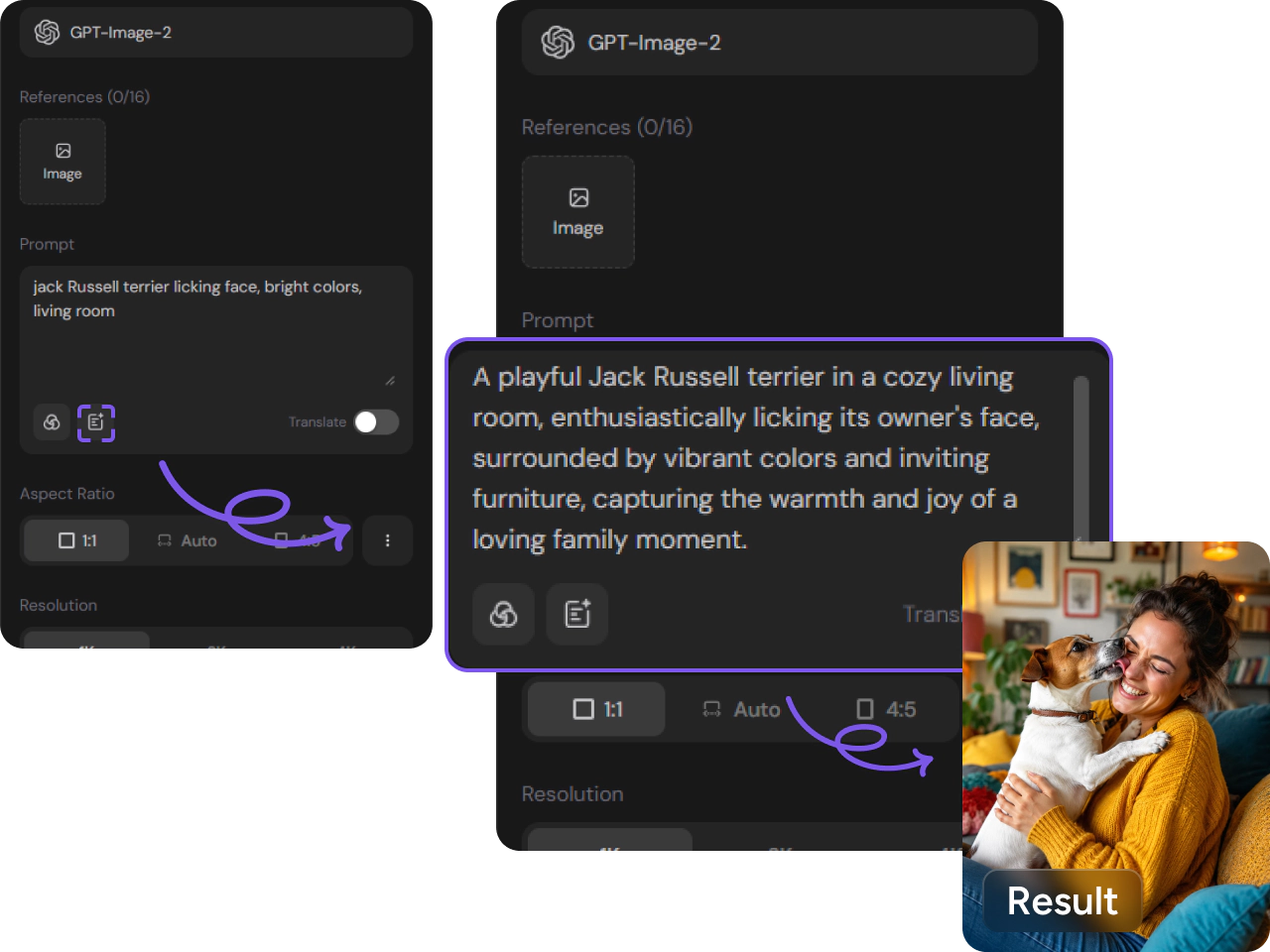 Interfaz del generador de imágenes con IA de PicLumen mostrando la función de potenciador de prompts para crear imágenes con IA a partir de texto