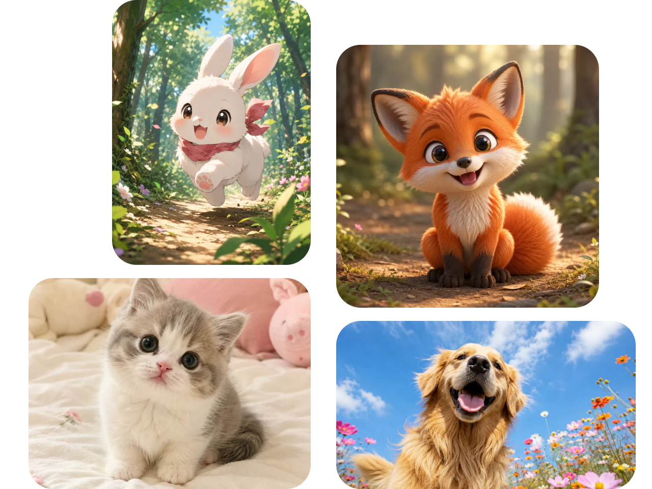 Un generador de imágenes de animales aleatorios creando imágenes con IA de animales adorables como un conejo, zorro, gato y perro