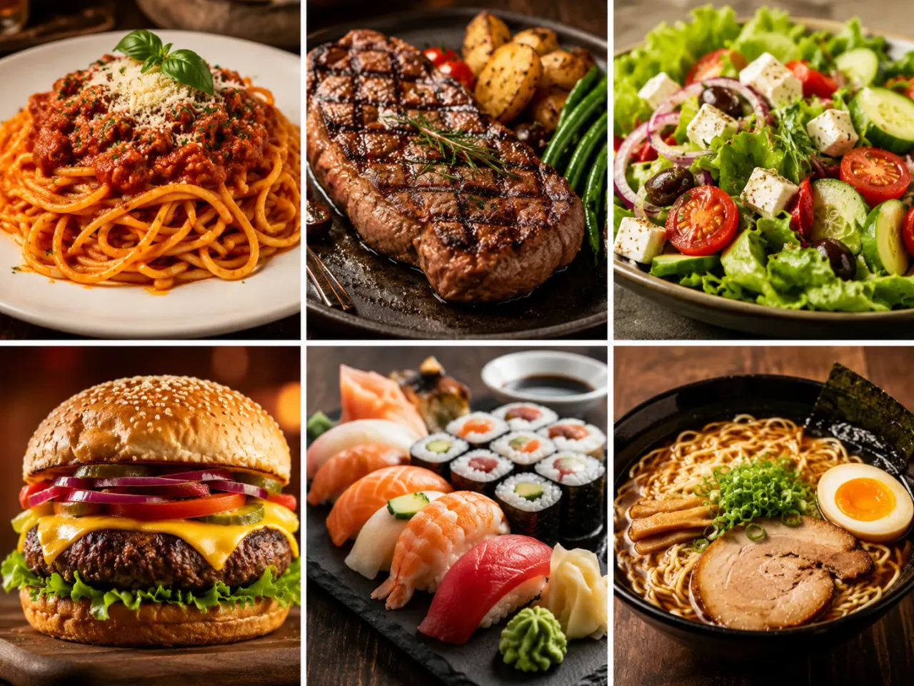 Un generador de imágenes de comida aleatorias creando imágenes con IA de pasta, bistec, ensalada, hamburguesas, sushi y otros platos