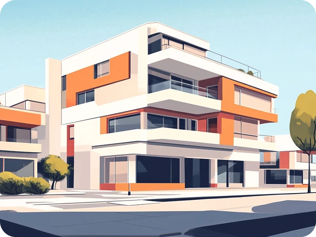 Una vista exterior limpia y fresca, estilo ilustración, de un edificio residencial moderno de varios pisos en blanco y naranja.