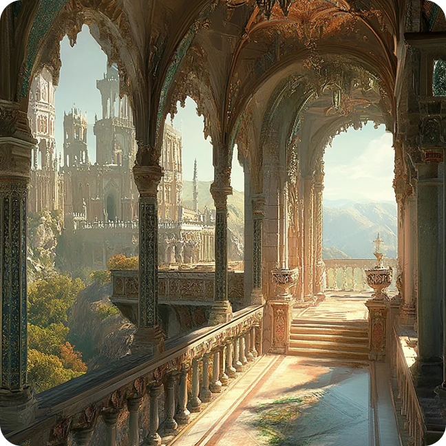 Un pasillo de palacio clásico con arcos y columnas de piedra ornamentados que dan a una vista lejana de montañas.