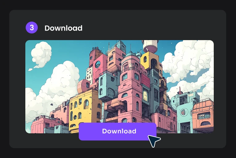 Ilustración de una ciudad en estilo caricatura y colores vivos disponible para descargar, que demuestra las capacidades de generación de arte con IA