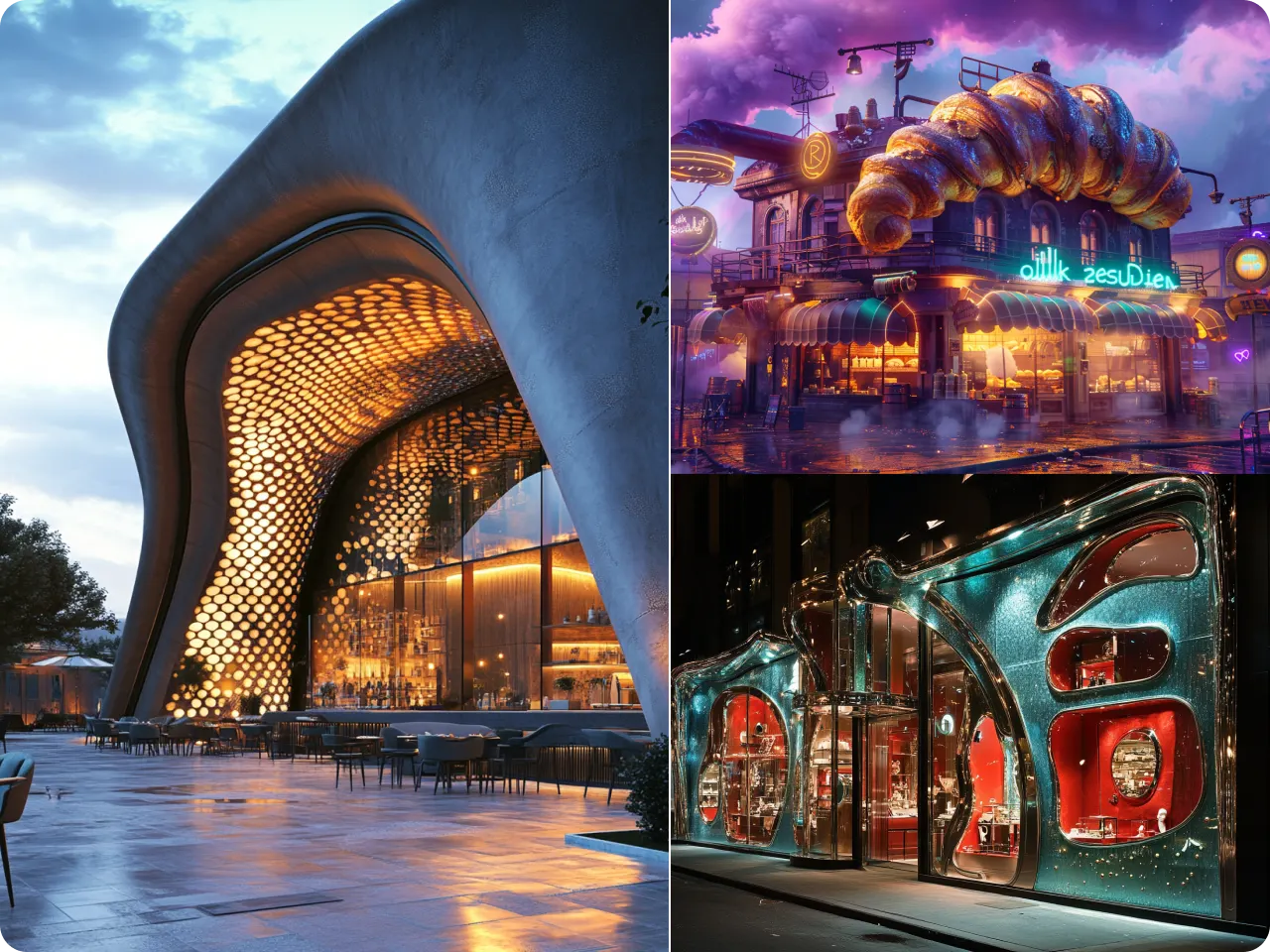 Edificios futuristas y diseños creativos de tiendas generados con arquitectura IA, que muestran estilos modernos, surrealistas y de inspiración sci‑fi