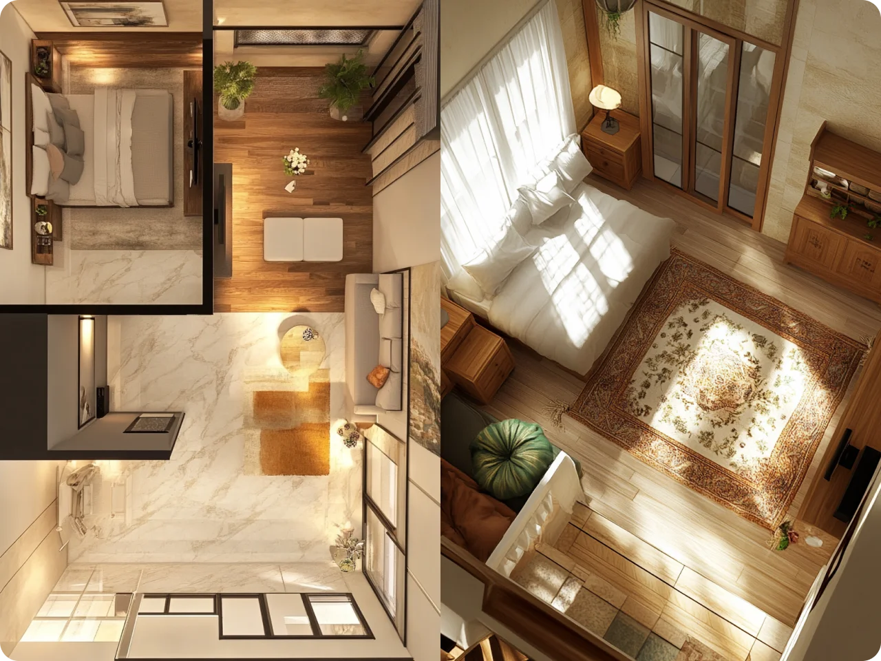 Render 3D cenital de un dormitorio lujoso y luminoso.