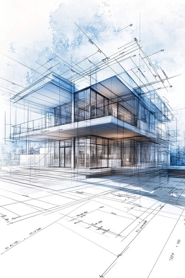 A perspective design drawing of a modern building with blue grid lines.