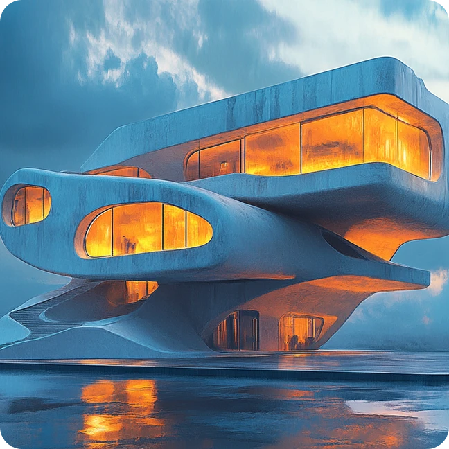 Un edificio moderno vanguardista y aerodinámico con cálida iluminación interior naranja.
