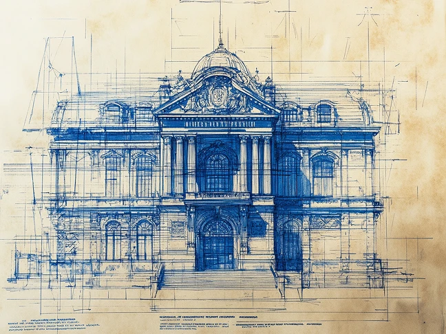 Plano de un edificio clásico que muestra el potencial de la IA para replicar estilos históricos