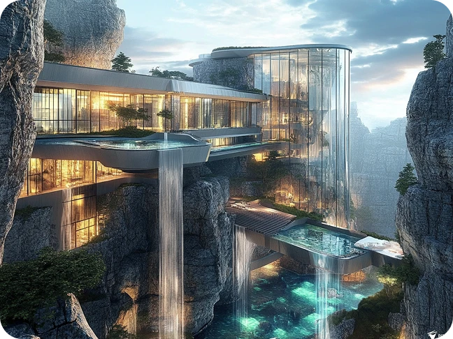 Una lujosa villa moderna en un acantilado, integrada en la montaña, con piscinas infinitas a gran altura y una magnífica cascada.