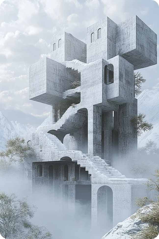 Un concepto de arquitectura brutalista deconstructivista que combina bloques cúbicos escalonados y grandes escaleras en un entorno brumoso.