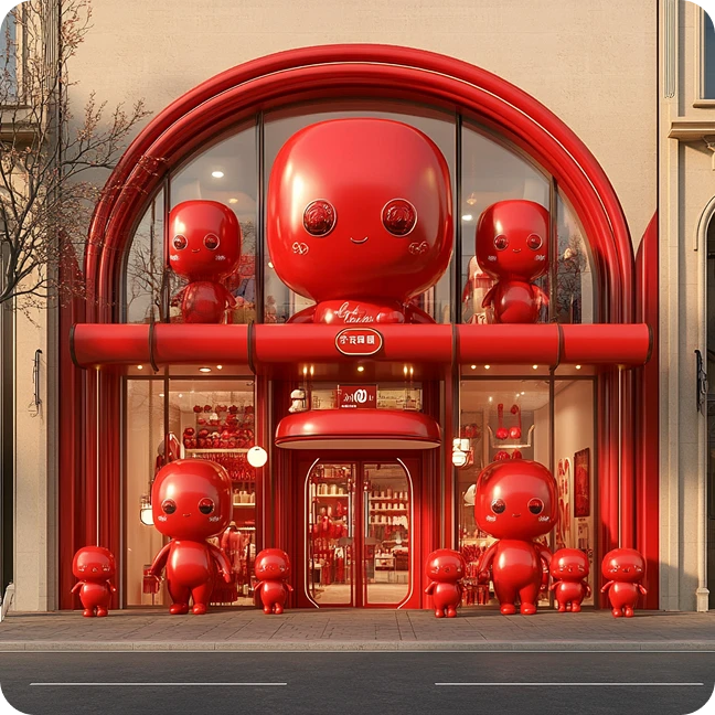 Una fachada de tienda moderna y llamativa dominada por el color rojo, con varias figuritas rojas de personajes adorables.