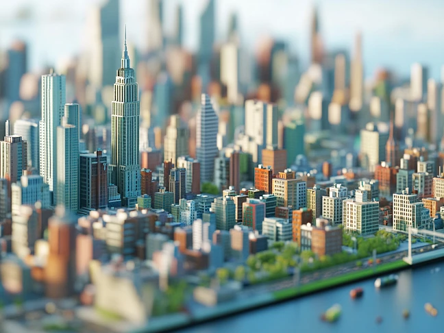 Maqueta de un skyline urbano con diversos diseños de edificios, generada por el generador de arquitectura con IA