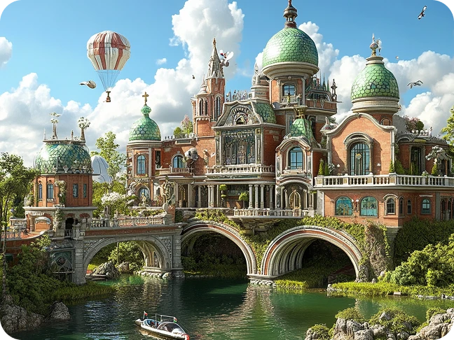 Un complejo de castillo europeo de cuento de hadas con cúpulas verdes, puentes y globos aerostáticos.