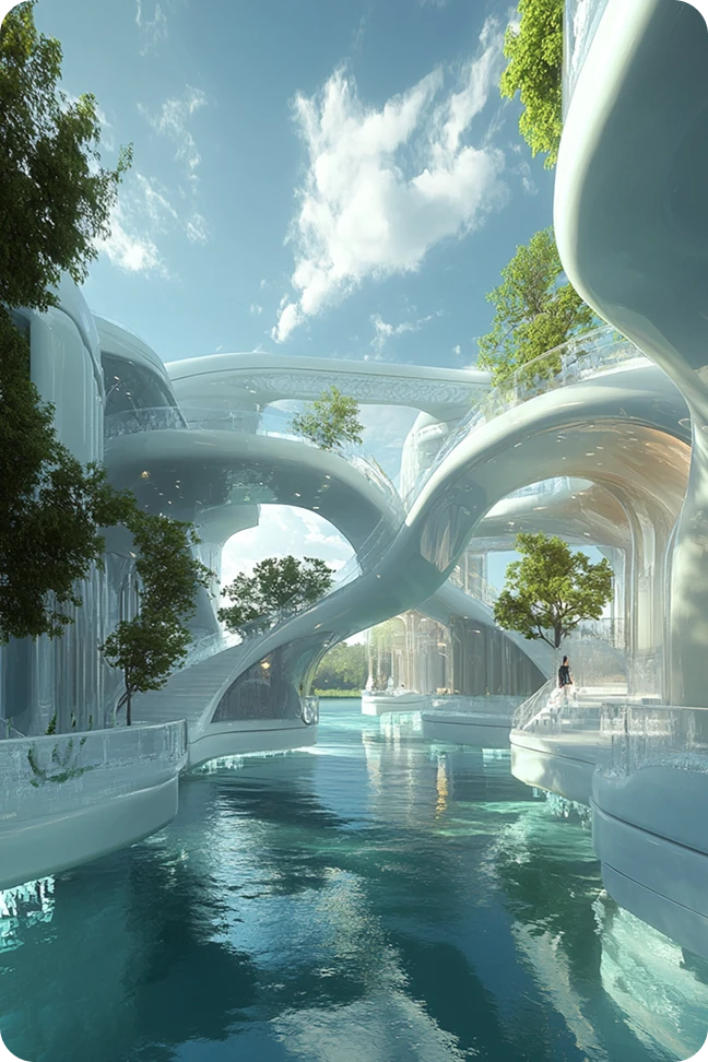 Un concepto arquitectónico futurista con líneas curvas orgánicas y plantas verdes.