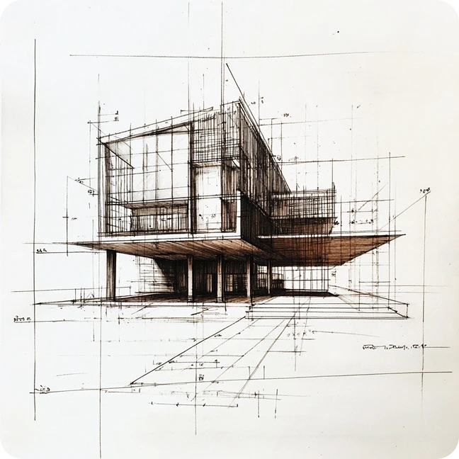 Un boceto arquitectónico en blanco y negro, dibujado a mano, de una estructura de edificio moderno.