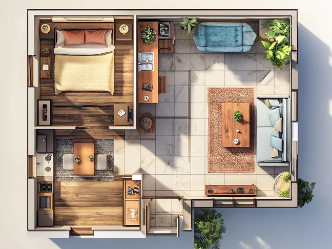 Vista cenital de un plano de apartamento, diseñado con tecnología de diseño de casas con IA