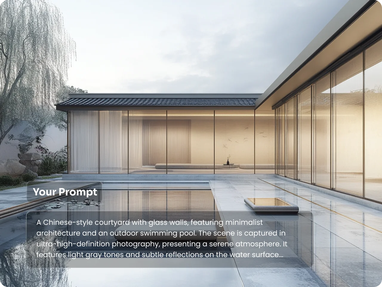 Patio de estilo chino con muros de cristal y piscina exterior, generado por el generador de arquitectura con IA