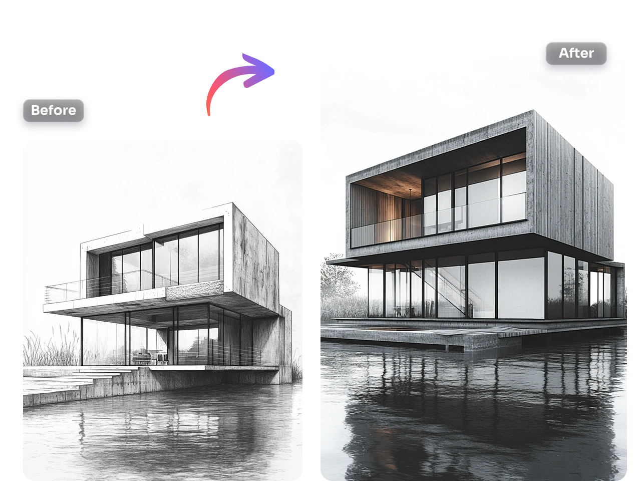 Comparación del antes y después del diseño de una casa moderna usando software de diseño de casas con IA