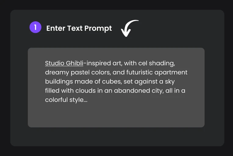 Cuadro de entrada de prompt de texto para generador de arte con IA, con un ejemplo de prompt para crear arte inspirado en Studio Ghibli