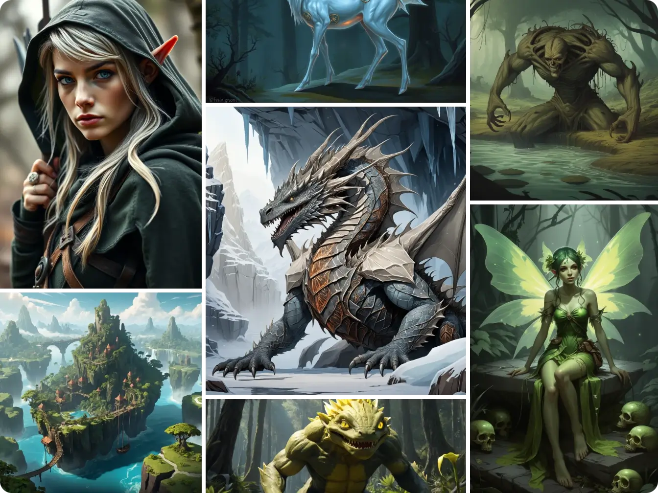 Un moodboard créatif en collage avec des personnages, paysages et créatures de fantasy, dont une elfe et un dragon.