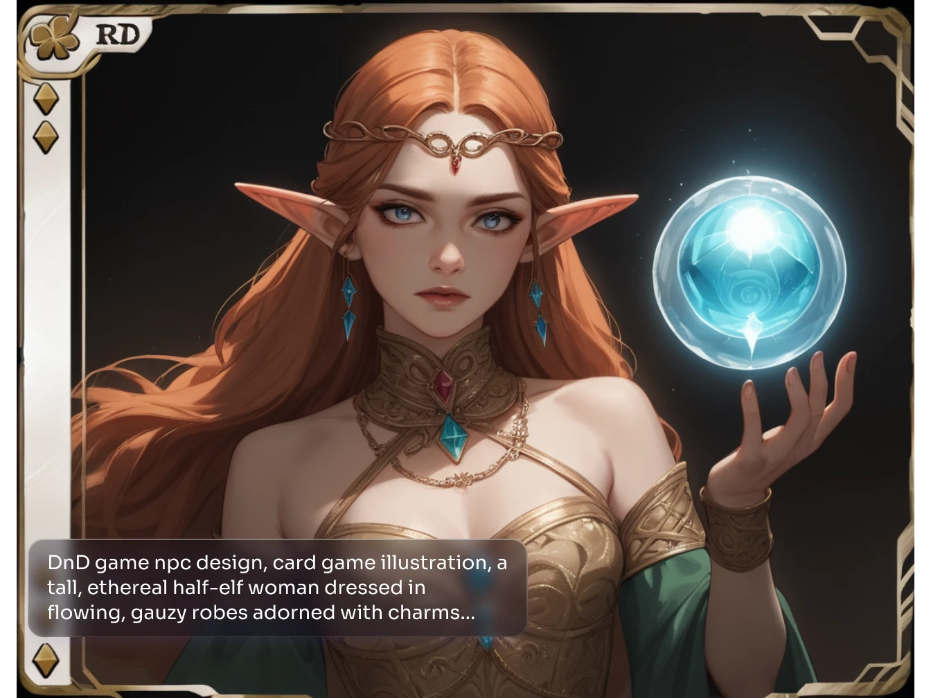 Un portrait en gros plan d'une belle elfe mage aux longs cheveux roux tenant un orbe magique lumineux.
