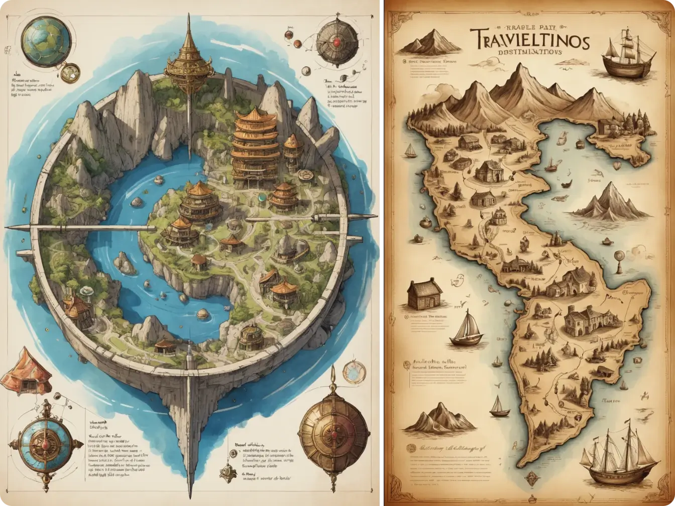 Une double page montrant à gauche une carte de ville fortifiée circulaire et à droite une carte régionale du terrain.