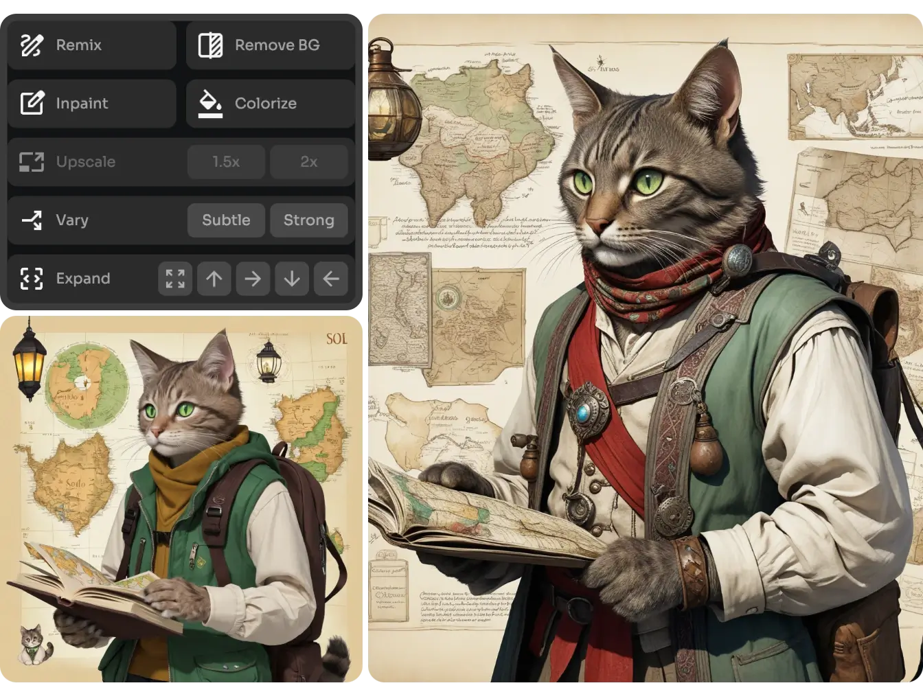 Une peinture numérique d'un chat aventurier anthropomorphe en gilet lisant une carte, avec une grande carte en arrière‑plan.