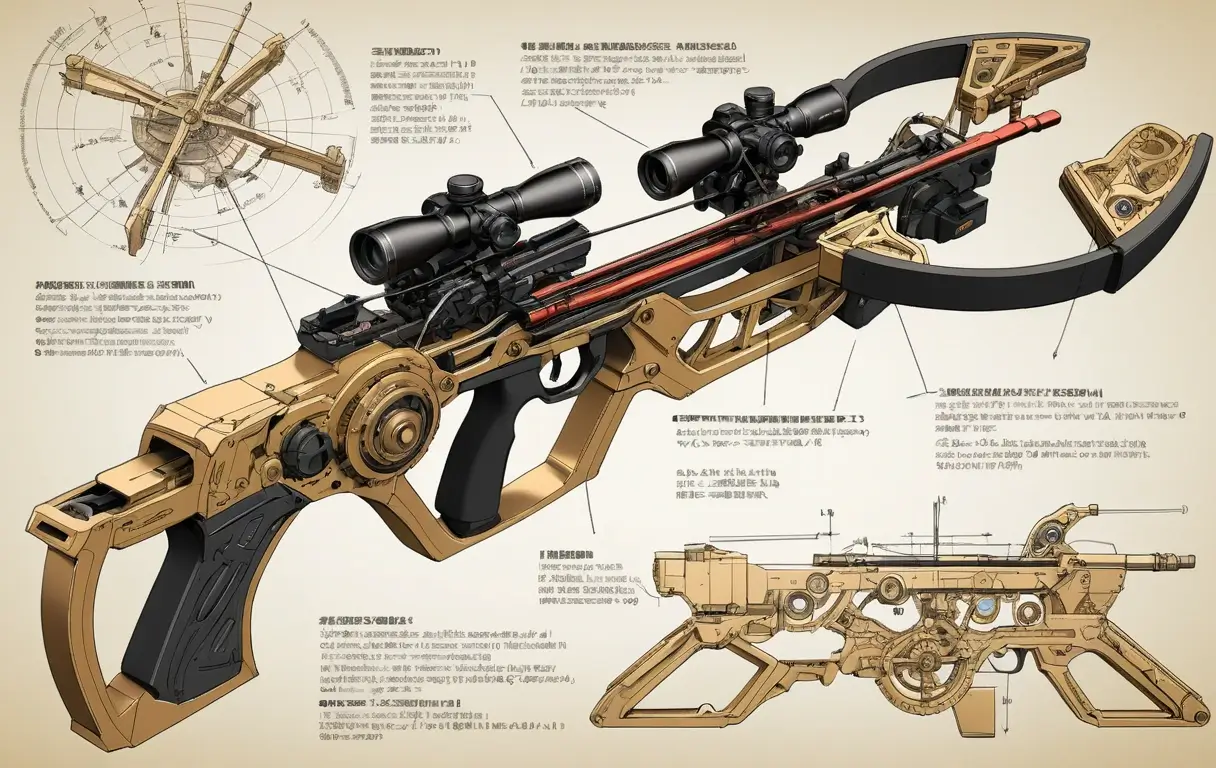 Un plan technique et un schéma d'une arbalète de fantasy complexe de style steampunk.