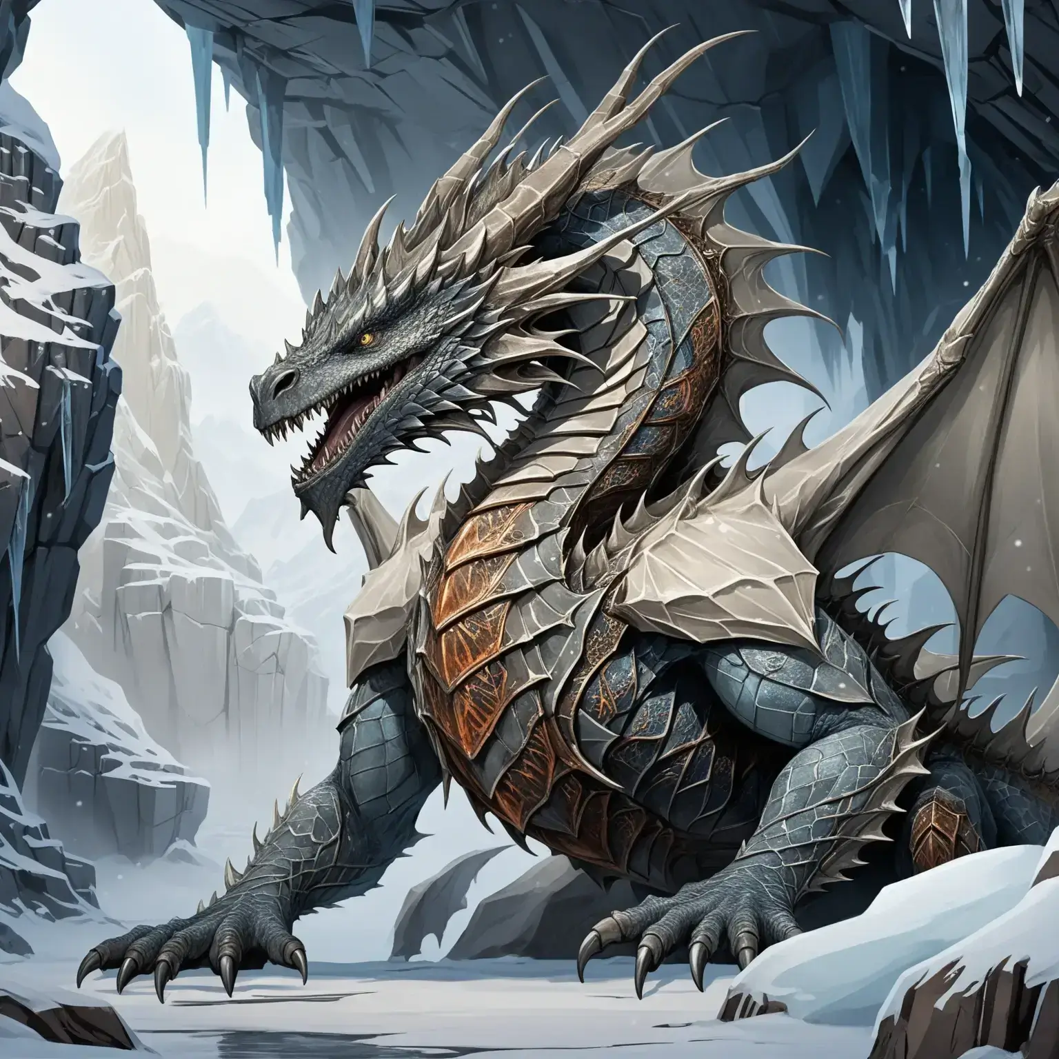 Une illustration détaillée d'un grand dragon de fantasy écailleux se tenant dans un paysage montagneux enneigé.
