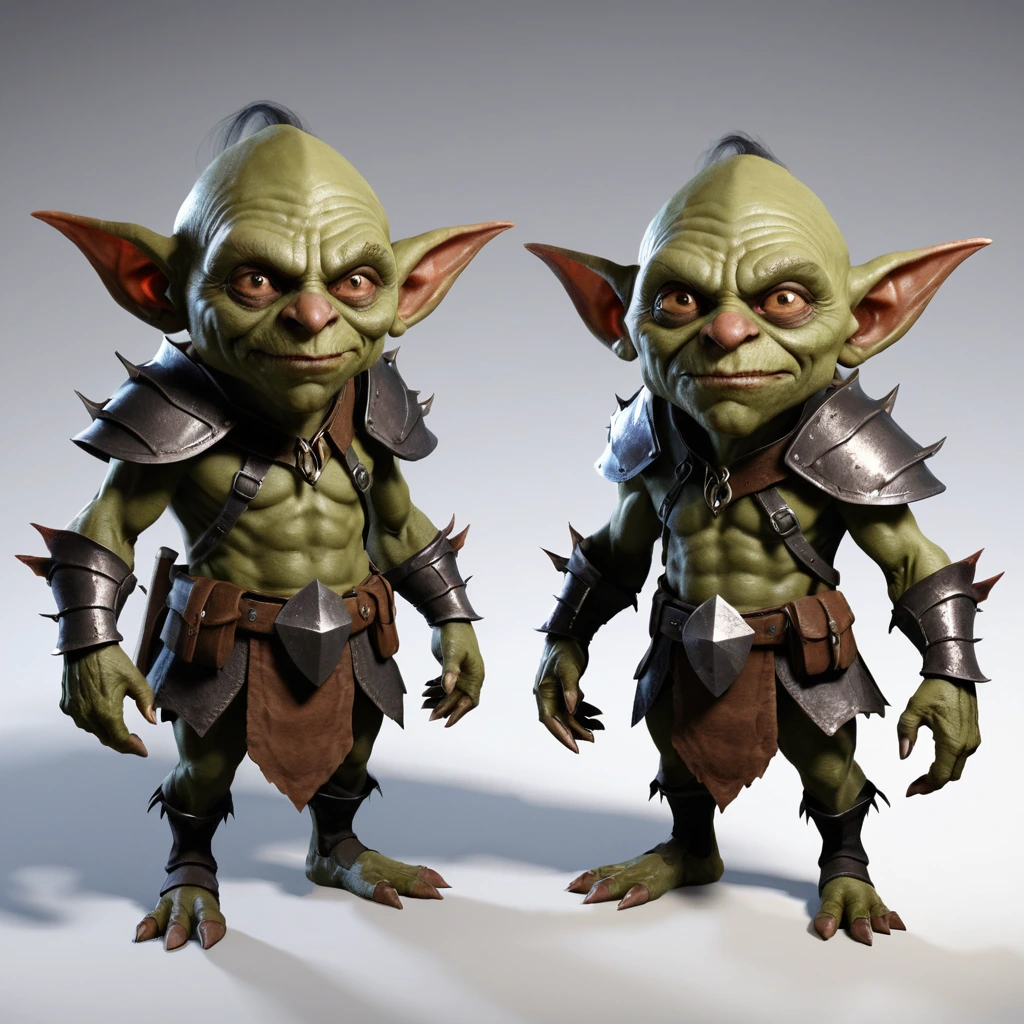 Deux rendus 3D en pied de gobelins verts identiques en armure, côte à côte.