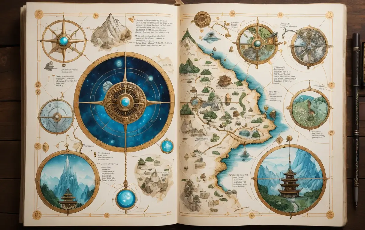 Un vieux grimoire de fantasy ouvert montrant une carte détaillée dessinée à la main et une boussole céleste.