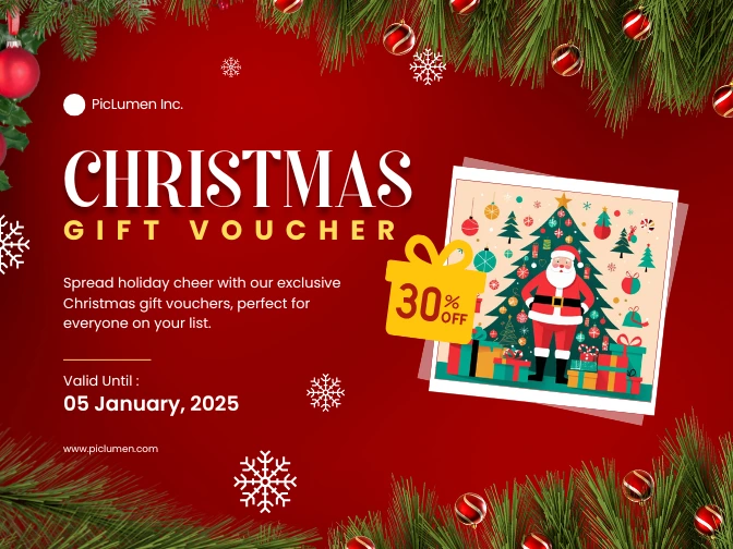 A festive red Christmas gift voucher featuring pine branches, snowflakes, and a 30% off discount tag.